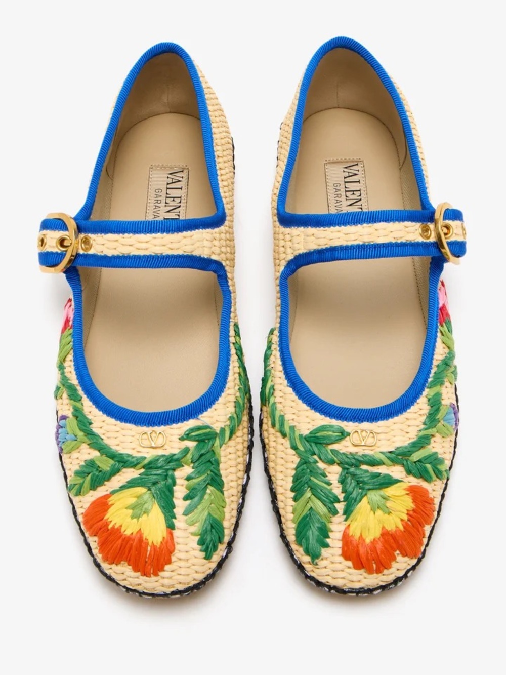 Valentino Garavani Endouce Blue-Trim Embroidered Raffia Mary Jane Ballerinas